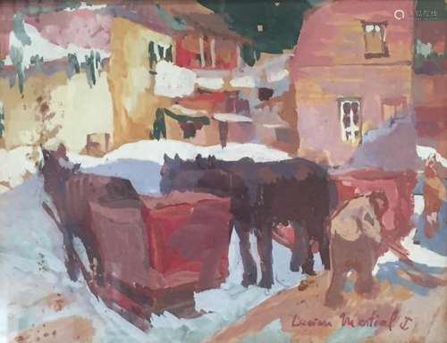 Lucien MARTIAL (1892-1987). Scène de village en hiver. Gouache sur carton, signée [...]