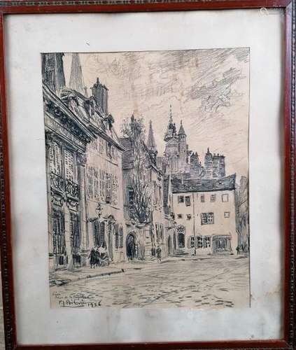 Pierre-Jean POITEVIN (1889-1933). Rue de la Préfecture à Dijon. Crayon gras sur [...]