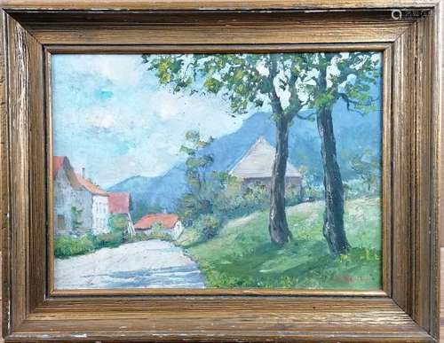 L. MANIERE. Village du Jura. Huile sur carton signée en bas à droite. 23 x 32 cm.