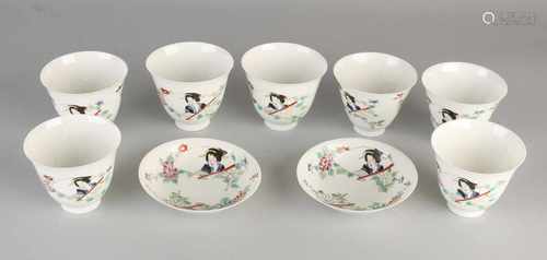 Antique Japanese eggshell porcelain tableware. Circa 1880. Comprising: Seven cups, two saucers. With