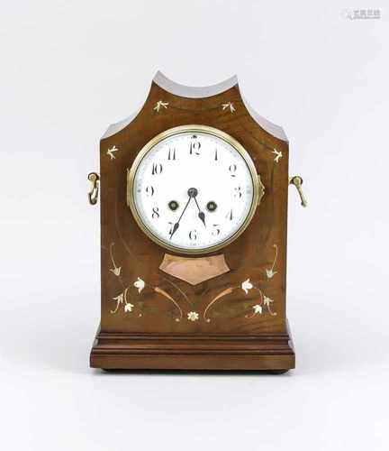 French antique mahogany table clock with pearl / wood inlays. Circa 1900. Eight day-movement, half-