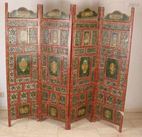 Oriental wood inserted handpainted folding screen. 20th century. Size: 186 x 200 cm. In good