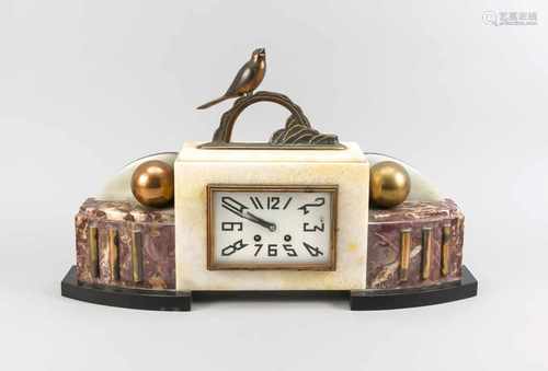 Large antique marble Art Deco mantel clock with bronze bird. Circa 1930. Eight day-movement, half-