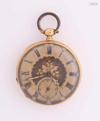 Yellow gold pocket watch, 750/000, with finely worked dial with floral decor. The achterizjde is