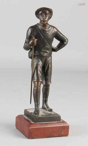 Antique bronze figure on marble base. Titled: Wandervogel. By Akt. Ges. Gladbeck Berlin. Circa 1920.