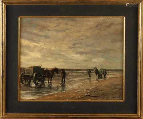 Jurrien Marius Beek. 1879 - 1965 Dutch fishermen shells on beach. Oil paint on panel. Size: 35 x