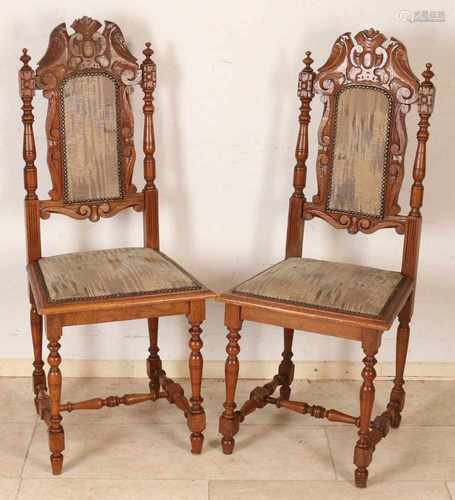 Four antique French oak chairs with good coating. Circa 1880. Dimensions: 110 x 44 x 40 cm. In