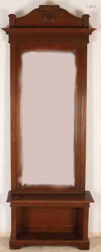 German Jugendstil oak hall mirror with console. Circa 1910. Dimensions: H 238 x W 85 cm. In good