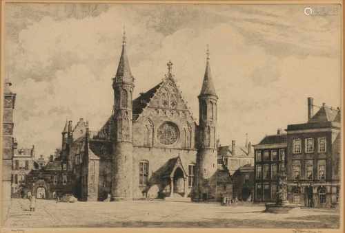 Hendrikus Elias Roodenburg. 1895 - 1987. Cityscape Hague. Etching on paper. Size: 28-40 cm. In