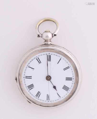 Silver pocket watch, 800/000, French, with Roman numerals and a machined rear with floral decor.