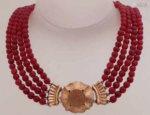 Collier with spinel attached to a golden yellow region conclusion, 585/000. Collier with 4 rows