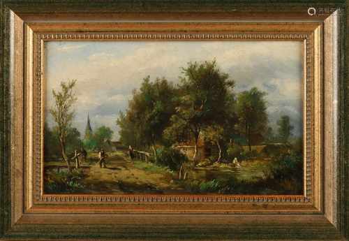 Dutch School. 19th century. Landscape with workers. Oil paint on panel. Size: 22 x H, B 37 cm. In