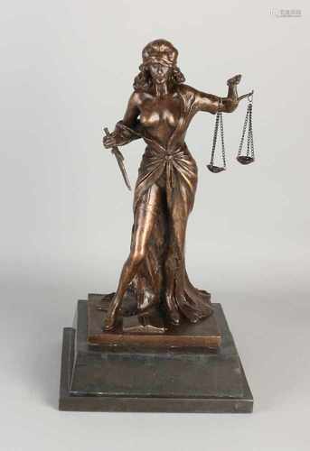 Lady Justice erotic bronze on black marble base. 21st century. Size: H 44 cm. In good condition.Lady