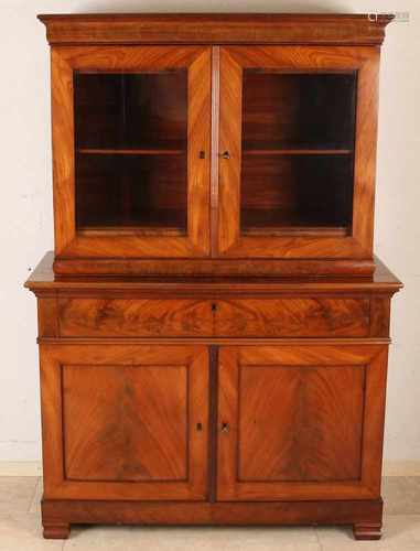 Dutch mahogany cabinet-top cabinet with writing and litter tray. Two-piece. Approximately 1870.