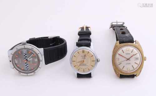 Lot 3 watches, all mechanical, Kelton, Plato and Tosca. Provided with leather or rubber belt.