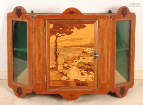 Antique walnut art nouveau wall cabinet with intarsia. Various types of wood. View of Naples with