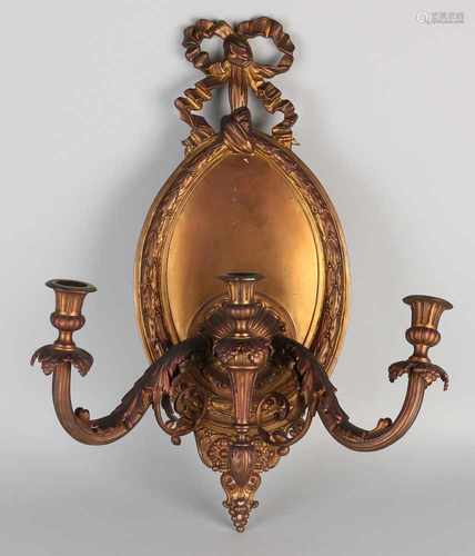 Large antique gilt bronze Louis XVI style wall sconce. Three light. Circa 1870. Size: 54 x 42 x 17