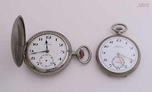 Two pocket watches, white metal, one Eterna watch with cover, fog and a glass Moeris watch