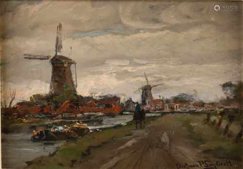 Christian P. Snijders. 1904 -. Dutch riverscape with barge and mills. Oil on canvas on panel.