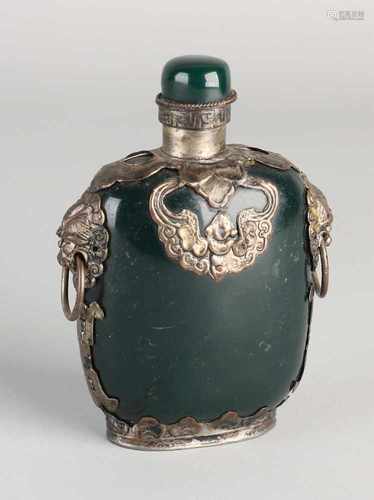 Green ancient Chinese stone snuff bottle with cups and bottom mark. With white metal decoration.