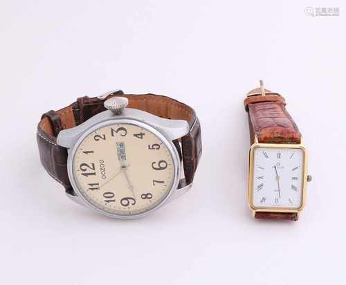 Lot 2 with watches, around one large model, Oozo, with leather strap. and a rectangular timepiece,