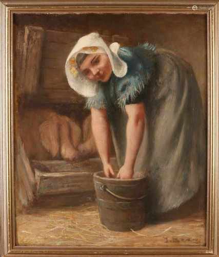 Joan Berg 1851-1935 Zeeland girl feeds the pigs oil on canvas 60x75 cm in good condition.