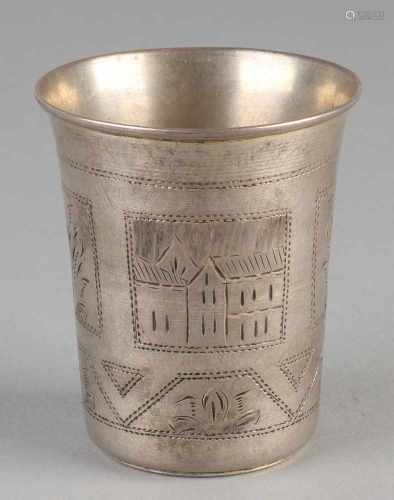 Old Jewish silver cup, 84 zolotniks, Kidush decorated with getrembleerde operation with houses and