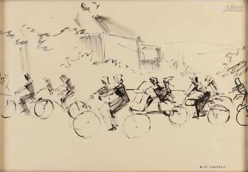 H. to Lintelo. Landscape with cyclists. Black ink on paper. Size: 35 x H, B 50 cm. In good