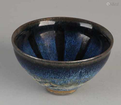 Chinese glazed terracotta bowl with blue enamel expired. Sung-style. Bottom Brand. Size: 7.5 x 12.