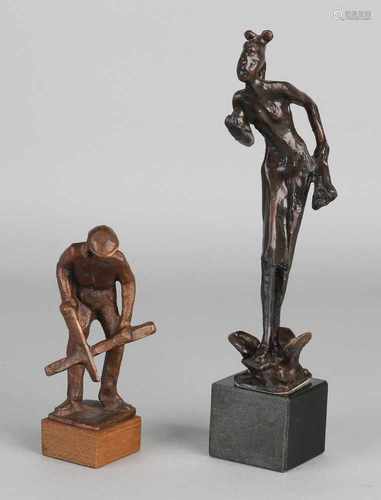 Two bronze figures, of which one monogram. Second half 20th century. Size: H 13-23 cm. In good