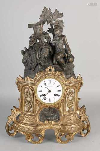 Antique French Louis Philippe mantel clock romantic couple. Approximately 1860. Gold-plated metal