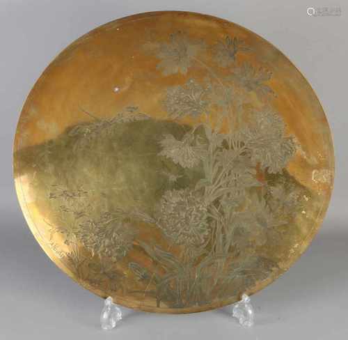 Large antique brass carved wall art nouveau bowl with floral / dragonfly decor. By A. Pelletier.