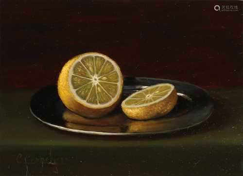 C. Cornelis. 21st century. Still life with lemons and tin plate. Oil paint on panel. Size: 13 x H, B