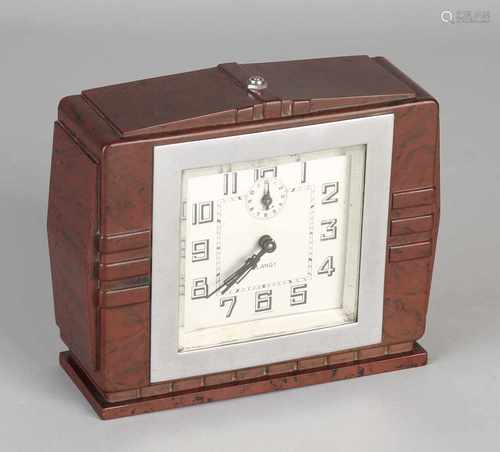 French bakelite Art Deco clock with alarm and chrome work. Circa 1930. Marked Blangy. Size: 13 x