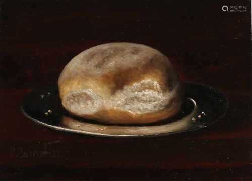 C. Cornelisz. 21st century. Still life with bread and tin plate. Oil paint on panel. Size: 13 x H, B