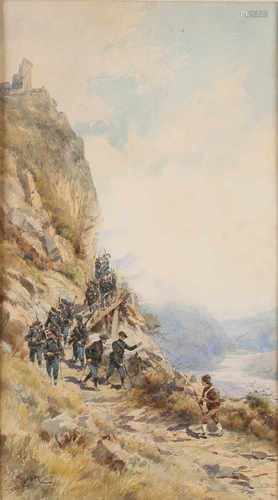 Pierre Comba. 1859 - 1934. Italian soldiers in the mountains. Watercolor on paper. Size: 44 x H, B