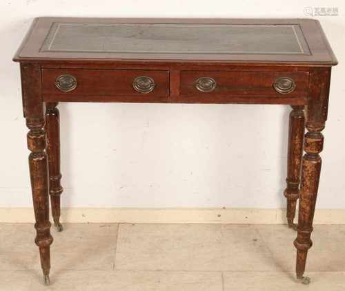 Antique English mahogany console table with two drawers and writing learning. Size: 76 x 43 x 90 cm.