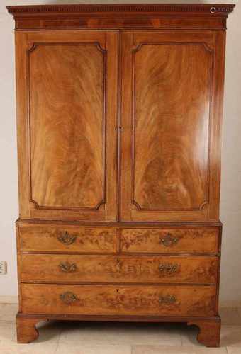 19th Century English mahogany linen cabinet with bandintarsia. Size: 208 x 125 x 63 cm. In good