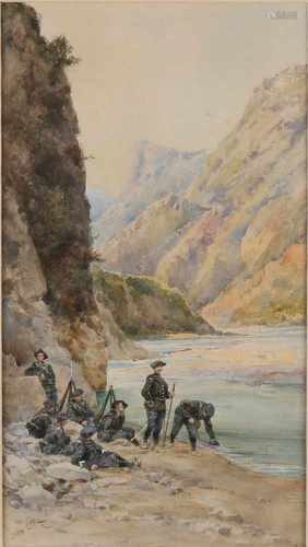 Pierre Comba. 1859 - 1934. Italian soldiers at mountain lake. Size: 45 x H, B 25 cm. In good