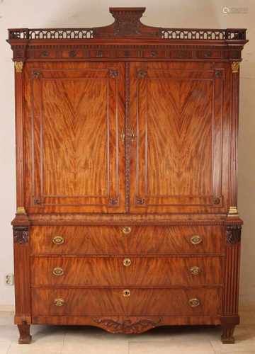 18th Century Dutch mahogany Louis Seize cabinet with gilded bronze kapitellen, original fittings and