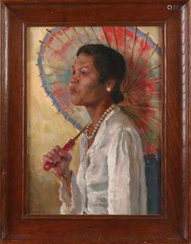 A. van Kooten. Indonesian woman with umbrella. Oil paint on panel. Size: 34 x H, B 24 cm. In good