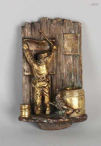 Bronze plaque. Circa 1900. Boy glues placard on fence. Tate pour le chien perdu chiens and Avis.