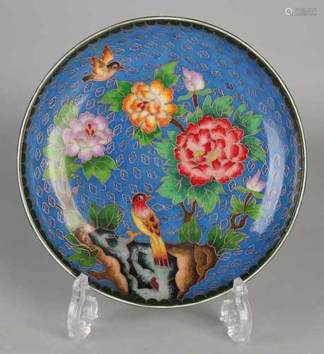 Chinese porcelain plate in cloisonne style. With gold / birds / flower decor. Bottom Brand. Size: