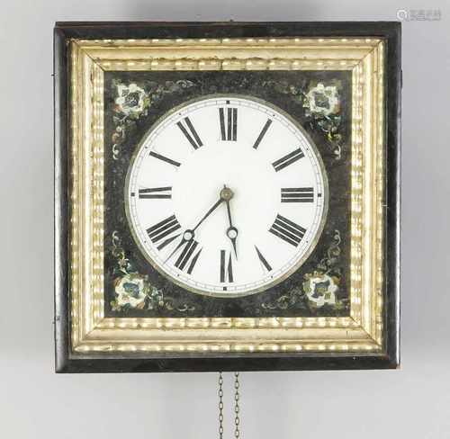 Antique German Black Forest wall clock with half hour battle and behind-glass painting. Circa