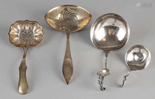 Lot four silver spoons, 833/000, an antique spoon sprinkle with barge-like sawn container, with