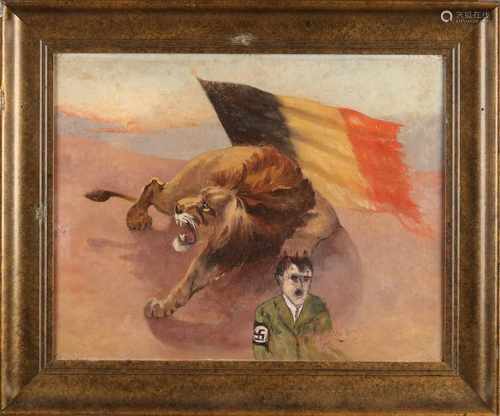 Louis de Jongh, 1945. Liberation Painting with Dutch lion and Adolf Hitler. Oil on linen. Size: 36 x