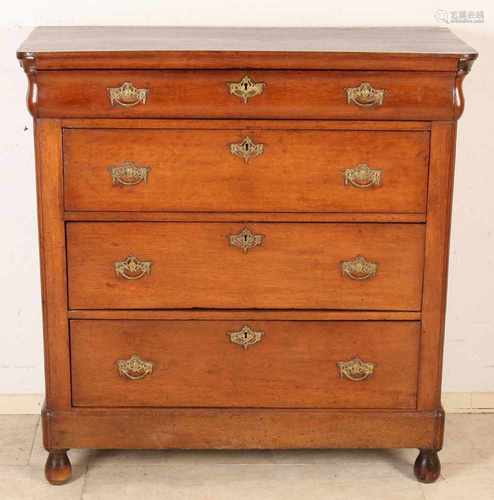 Antique Dutch oak four-drawer commode with bronze fittings. Approximately 1840. Size: 105 x 100 x 45