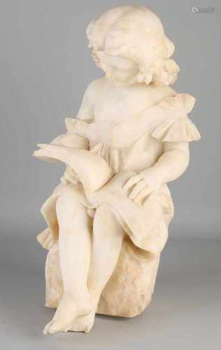 Big antique alabaster Fig. Girl reading. Foot glued, toes damaged. Circa 1880. Signed C. Vicari.