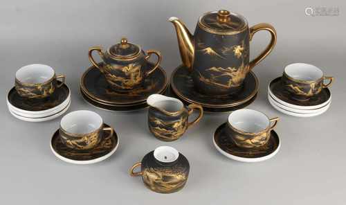 Japanese antique porcelain tea set with mountains / pagodas / gold decor. Circa 1930. Black matt