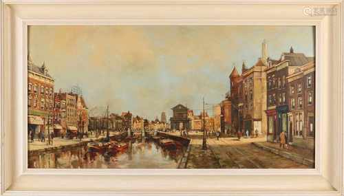 Unclear signed. 20th century. Canal View Amsterdam with many figures. Oil paint on panel. Size: 40 x